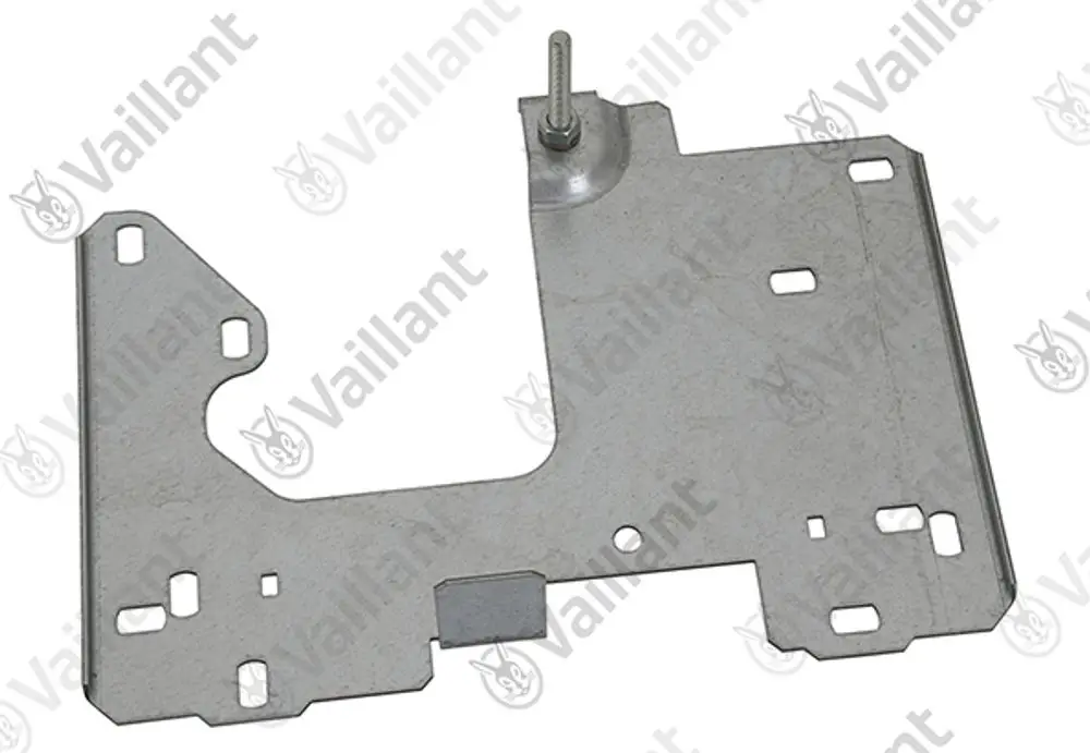 Montageblech aus Metall mit verschiedenen Aussparungen und einer Halterung für Vaillant Produkte, geeignet zur Befestigung von elektronischen Komponenten.
